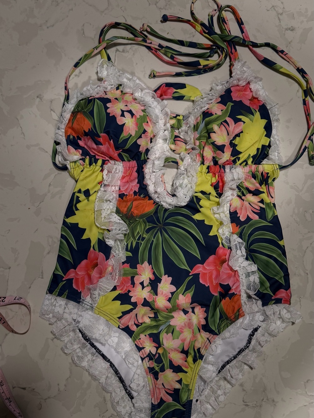 Lace-Trim Floral Halter One-Piece Sexy Swimsuit - Picture 8 of 11